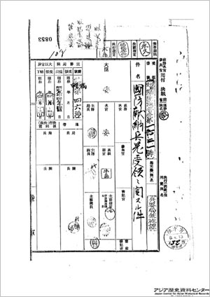 '국방헌납 병기수령에 관한 건'이라는 일본 육군성 정무차관실 문서(1933년 4월15일자). 헌납자에 방응모 전 <조선일보> 사장 등 조선인 5명이 포함돼 있다. 